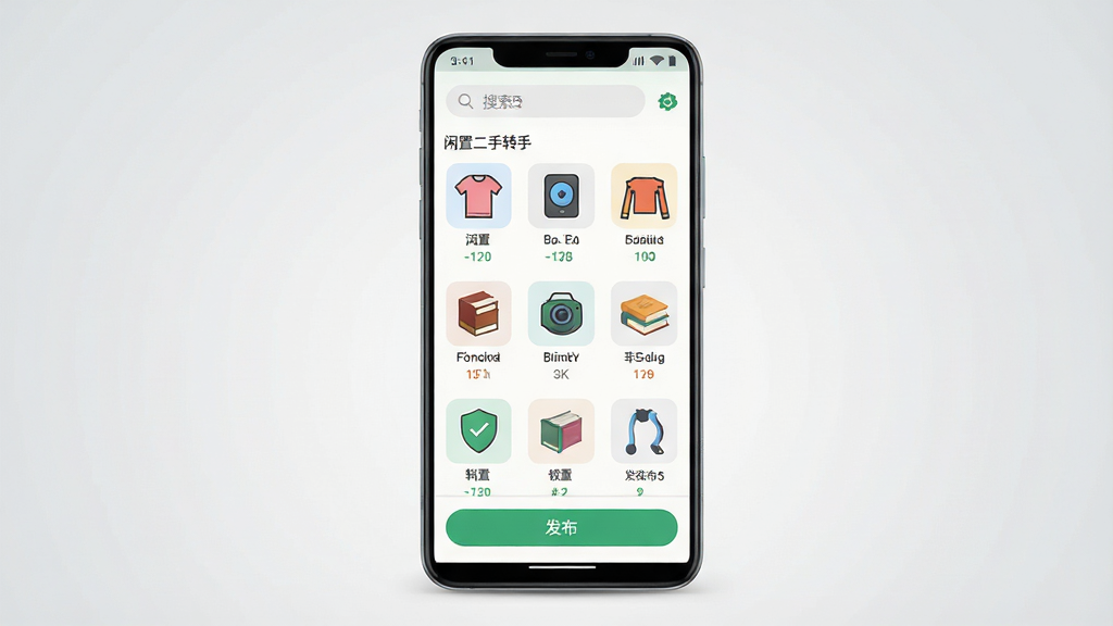 一张展示闲置二手转手软件界面的手机样机图,画面中央是一部竖屏安卓手机,手机屏幕上显示着二手商品列表,包含衣物、数码、图书等分类图标,顶部有搜索栏,底部有发布按钮,背景为浅灰色渐变,风格简洁现代,细节清晰,画质干净,无多余元素,图片中文字标注“闲置二手转手”