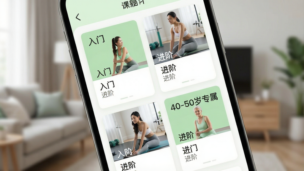 一张健身应用课程列表页面的UI示意图,画面主体是手机屏幕特写,屏幕上排列着多张课程卡片,卡片上标注“入门”“进阶”“40-50岁专属”等字样,配色为浅绿色与白色搭配,界面干净整洁,背景是模糊的居家环境,风格简约现代,画质清晰,排版整齐,无多余装饰元素