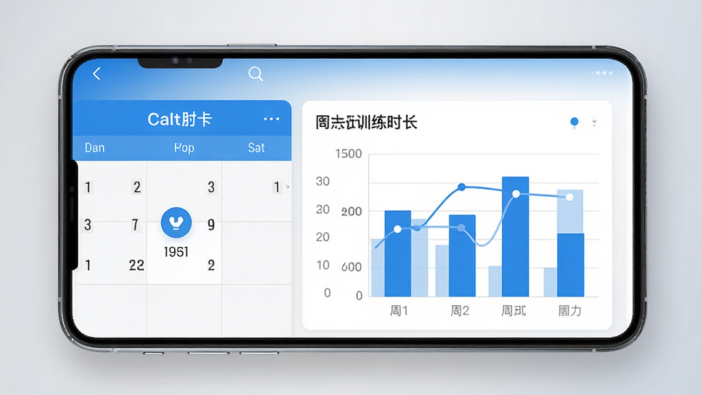 一张手机应用数据统计页面的UI示意图,画面展示瘦肚子应用的训练记录界面,包含日历打卡视图和一周训练时长柱状图,配色以蓝色和白色为主,图表清晰,布局规整,背景为浅灰色渐变,整体风格简洁商务,画质高清,无多余文字干扰