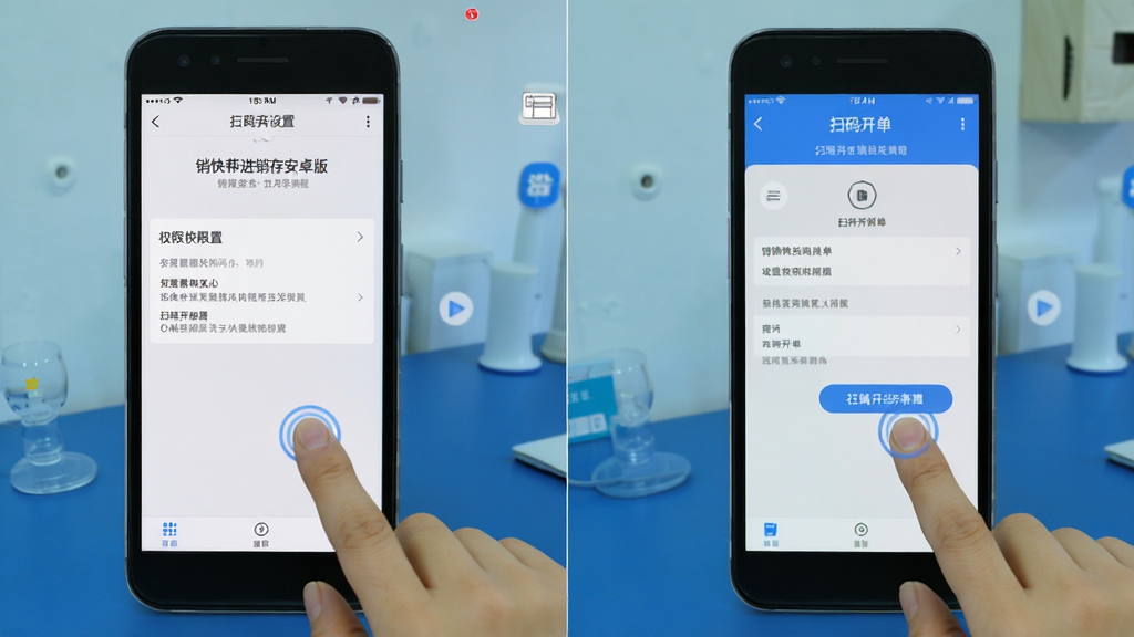 销快帮进销存安卓版使用教程截图,手机屏幕显示权限设置页面和扫码开单界面,画面中有手指点击操作,背景为简洁桌面,风格清晰直观,画质高清,无多余元素