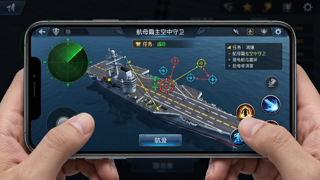 一张以“航母霸主空中守卫”游戏界面为参考的生图,画面展示手机横屏握持视角,屏幕上显示航母甲板俯瞰图与空中目标标记,界面元素包括雷达圆盘、任务提示条与技能按钮,背景是简洁的深色UI风格。构图采用正面平视,突出手机屏幕内容与手指操作位置。风格为游戏界面展示,细节包括图标质感、按钮高光与目标标记线。画质清晰,干净,无多余元素,画面中不出现文字。