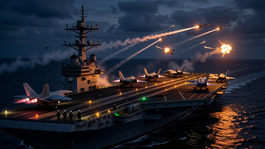 一张以“航母霸主空中守卫”为背景的生图,画面展示夜间海面上一艘航母正在释放多架舰载机,甲板跑道亮起引导灯,空中出现几道导弹尾迹与拦截弹爆炸的火光,海面倒映着暖色灯光。构图采用俯视斜角,突出航母甲板与空中交错的飞行轨迹。风格为军事写实,细节包括甲板工作人员剪影、战机尾焰、海面波纹与夜空云层。画质清晰,干净,无多余元素,画面中不出现文字。