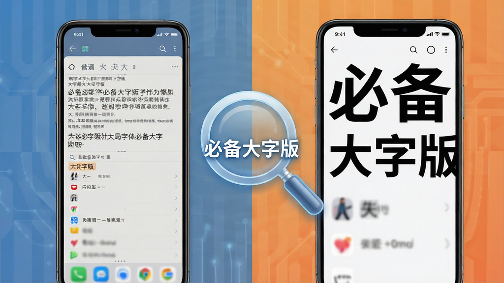 展示必备大字版全局字体缩放功能的对比图,左侧为普通手机界面小字效果,右侧为开启必备大字版后的超大字体清晰界面,画面中间有一个醒目的放大镜图标和“必备大字版”标识,风格为科技感与人文关怀结合,排版左右对比强烈,细节清晰,画质干净,无多余元素