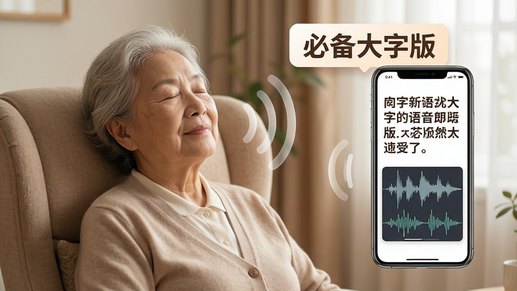 展示必备大字版语音朗读功能的场景图,一位老年用户坐在舒适的椅子上闭眼倾听,旁边的手机屏幕显示着大字版新闻和语音播报波形图,画面中有“必备大字版”的悬浮标识,风格温馨舒适,布局人物与手机交互自然,细节包含语音波纹特效,画质清晰,干净,无多余元素