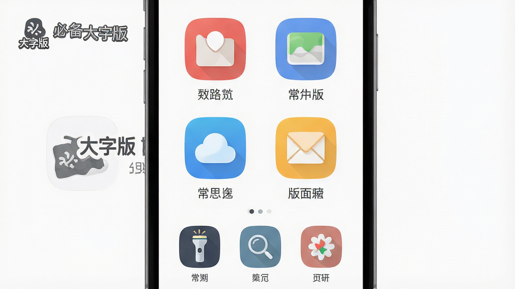 展示必备大字版极简桌面布局的界面图,画面中心是手机屏幕,屏幕上排列着超大图标和文字的常用应用入口,下方有手电筒、放大镜等快捷工具按钮,界面背景干净,有“必备大字版”的Logo,风格扁平化设计,布局规整,细节图标圆润,画质清晰,干净,无多余元素