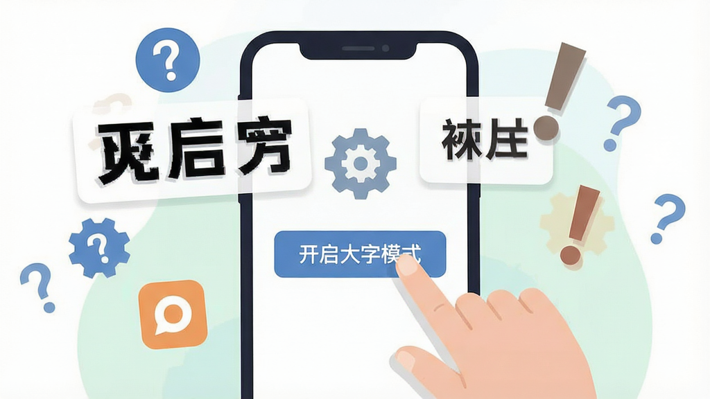 一张展示必备大字版在新手设置引导页面的截图风格插画,画面中有一只手正在点击手机屏幕上的“开启大字模式”按钮,屏幕周围漂浮着放大的文字和图标,背景有问号与感叹号元素代表常见问题解答,风格为扁平插画,布局清晰,细节包含设置齿轮图标,画质清晰,干净,无多余元素