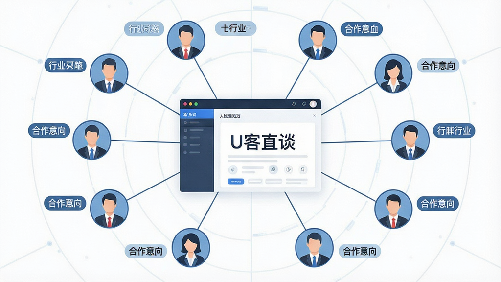 一张以人脉网络为主题的插画,画面中央显示“U客直谈”软件界面,界面中有多个商务人士头像通过线条相互连接形成网络状结构,头像旁边有行业标签和合作意向标识,布局采用放射状构图,风格为简约科技插画,细节包括清晰的连接线、人物图标和文字标签,画质高清,画面干净,无多余元素