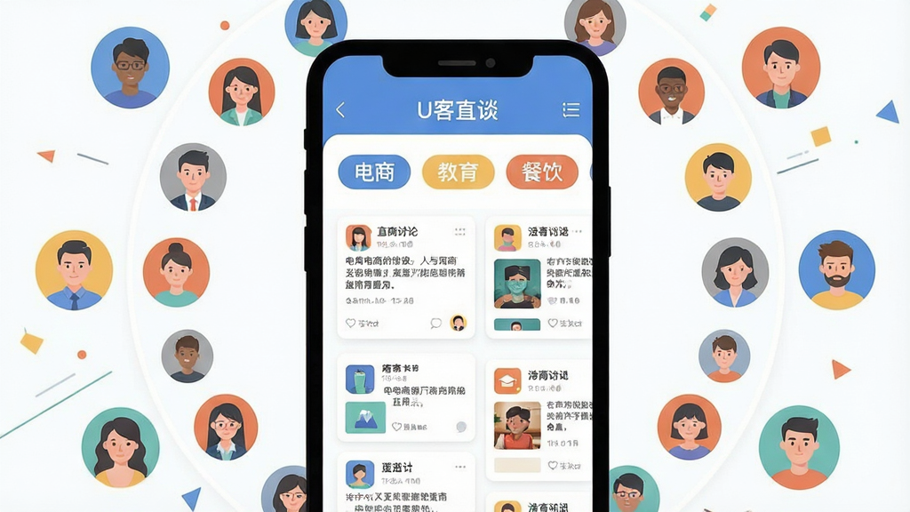 一张以行业圈子为主题的插画,画面中央显示“U客直谈”应用内的圈子页面,页面上有多个行业标签如电商、教育、餐饮等,标签下方有讨论帖子和资讯卡片,画面周围有用户头像围绕,布局为环形结构,风格为清新扁平化插画,细节包括行业图标、帖子气泡和资讯缩略图,画质高清,画面干净,无多余元素