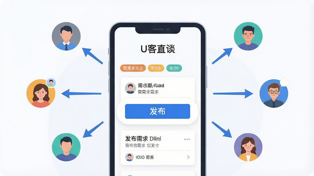一张以需求匹配为主题的插画,画面中央为“U客直谈”应用的需求发布页面,页面上有一个醒目的发布按钮和已发布的需求卡片,卡片周围有箭头指向多个用户头像,表示需求被推送给匹配用户,布局为居中发散式,风格为现代扁平化设计,细节包括需求标签、用户图标和推送箭头,画质高清,画面干净,无多余元素