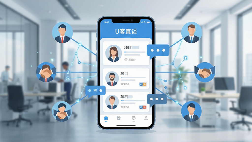 一张商务社交风格的概念图,主体为一部智能手机,屏幕中央显示“U客直谈”应用界面,界面内呈现商务人士头像与项目卡片信息,手机周围环绕连接线代表资源对接与人脉网络,背景为现代办公场景的虚化效果,布局采用居中构图,风格为扁平化科技感插画,细节包括清晰的UI元素、人物图标、对话气泡与握手符号,画质高清,画面干净整洁,无多余元素