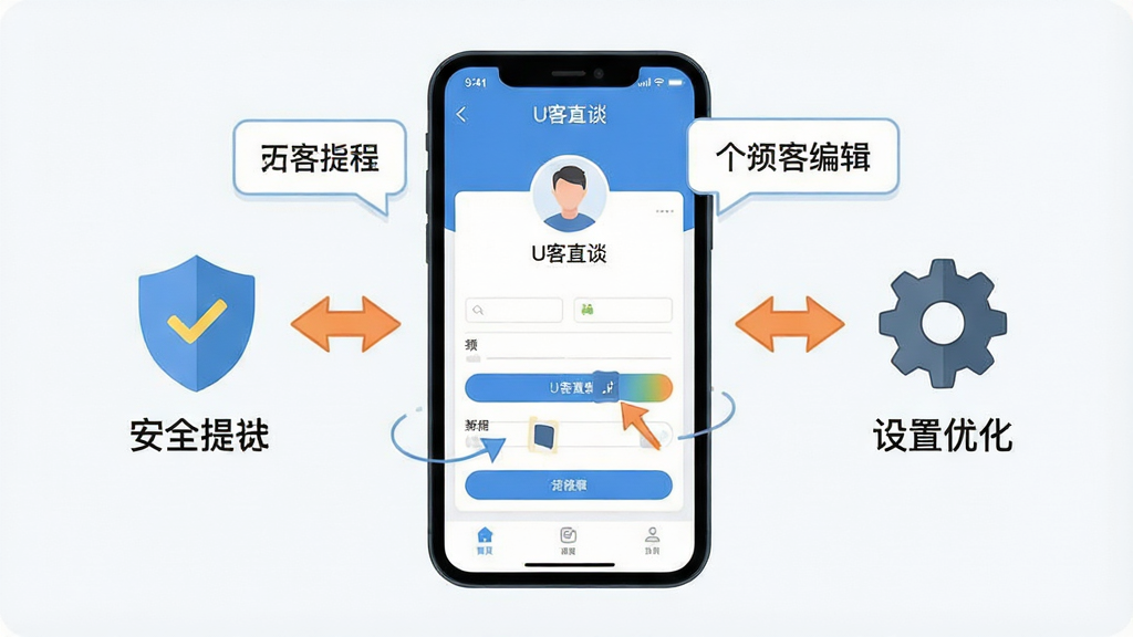 一张展示手机应用操作指南的插画,画面中央为一部智能手机,屏幕显示“U客直谈”个人资料编辑页面,页面周围有提示气泡和箭头指示操作步骤,左侧有盾牌图标代表安全提示,右侧有齿轮图标代表设置优化,布局为左右辅助居中,风格为扁平化教程插画,细节包括清晰的UI元素、提示文字和图标,画质高清,画面干净,无多余元素