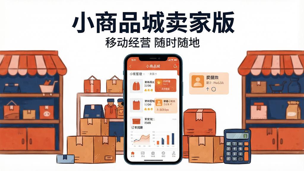 画面中央一部智能手机竖屏展示,手机屏幕内呈现小商品城卖家版应用的商品管理界面,界面中有商品列表、订单提醒和数据分析图表。手机周围环绕着手绘风格的店铺货架、包裹纸箱、计算器等商业元素。整体构图采用居中对称布局,上方留白区域用粗体字写着“小商品城卖家版”,下方用较小字体写着“移动经营 随时随地”。风格为扁平化商务插画,色彩以橙红和深蓝为主色调,细节精致干净,画质清晰,无多余元素干扰。