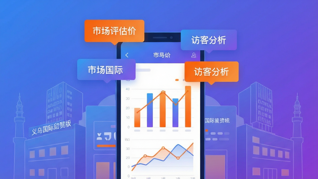 小商品城卖家版数据看板插画,画面中心是手机屏幕显示柱状图和折线图,屏幕上方悬浮着“市场评估价”“访客分析”等标签卡片。背景是抽象化的义乌国际商贸城建筑轮廓线条。采用现代扁平化数据可视化风格,色调以蓝紫渐变为主,辅以亮橙色数据高亮,画面简洁专业,画质清晰,无多余装饰。