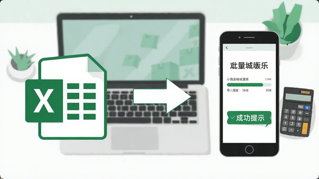 小商品城卖家版批量导入功能示意图,画面左侧是一张Excel表格图标,右侧是手机屏幕显示导入进度条和成功提示。中间用箭头连接表示数据传输。背景是简洁的办公桌面,有笔记本电脑和计算器。采用轻量扁平化插画风格,配色清新,以绿色和白色为主,画面干净利落,细节清晰,无多余元素。