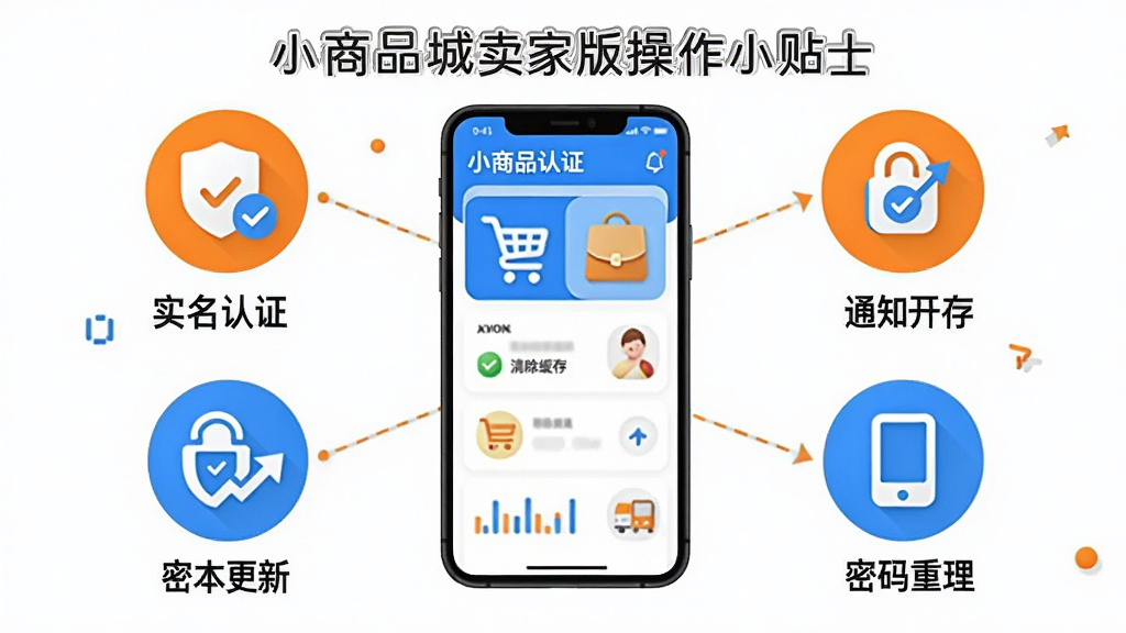 小商品城卖家版操作小贴士信息图,画面以手机屏幕为中心,周围环绕六个圆形图标分别代表:实名认证、通知开启、清除缓存、版本更新、密码重置、设备管理。每个图标下方配简短文字说明。采用信息图表风格,配色明亮活泼,以橙色和蓝色为主,布局清晰有序,画质干净,无多余装饰元素。