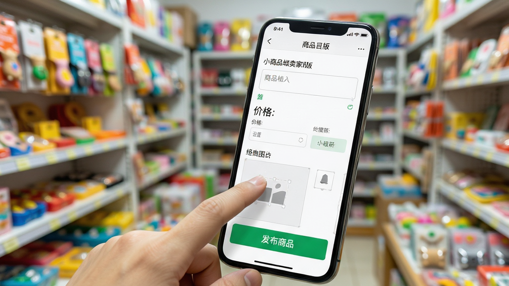 手机屏幕特写展示小商品城卖家版商品上架页面,画面中一只手正在点击“发布商品”按钮,屏幕内可见商品标题输入框、价格设置栏和图片上传区域。背景是虚化的实体店铺货架,货架上摆满各类小商品。采用写实摄影风格,光线明亮柔和,色彩饱和度高,细节清晰锐利,画面干净整洁,突出移动端操作的便捷感。