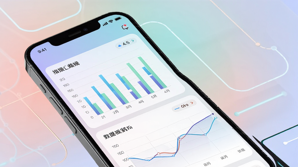 Fanz运营端实时数据看板界面展示,手机屏幕中呈现柱状图和折线图,数据指标清晰可见,背景为柔和渐变色调,风格现代科技,细节精致,画质干净,无多余元素