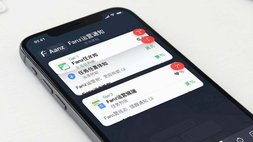 手机屏幕显示Fanz运营端的任务列表和提醒通知界面,画面中有多个任务卡片和红色角标提醒,背景简洁明亮,风格清爽,细节清晰,画质干净,无多余元素