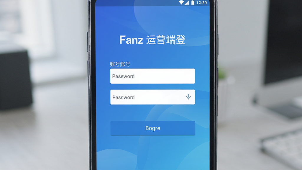 一部安卓手机显示Fanz运营端登录界面,屏幕中有账号密码输入框和登录按钮,背景为简洁的蓝色渐变,风格商务专业,细节清晰,画质干净,无多余元素