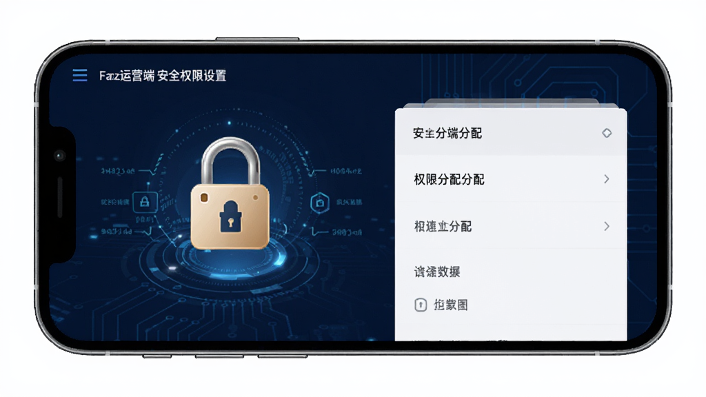 Fanz运营端安全权限设置界面,手机屏幕显示权限分配选项和加密锁图标,背景为深蓝色科技风格,细节丰富,画质清晰,无多余元素