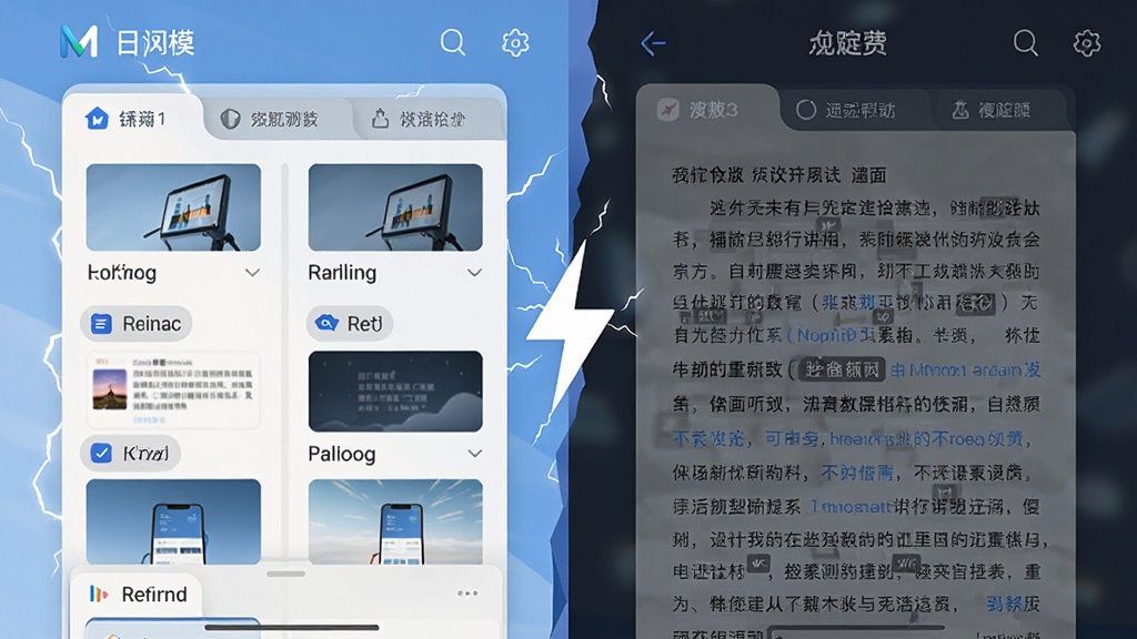 一张分屏对比图,左侧为M浏览器日间模式下的多标签卡片界面,右侧为夜间模式下的阅读页面,中间用闪电符号分隔,整体风格为清爽扁平化,配色为白蓝与深灰,布局左右对称,细节展示标签缩略图和文字重排效果,画质清晰,无多余装饰