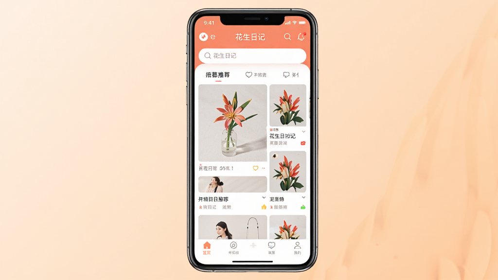 一张展示花生日记APP首页界面的手机样机图,画面中央放置一部竖屏智能手机,屏幕上显示花生日记应用主界面,包含搜索栏、商品推荐瀑布流和底部导航栏,背景为柔和的浅橙渐变色,风格清新简约,细节清晰,画质干净,无多余元素