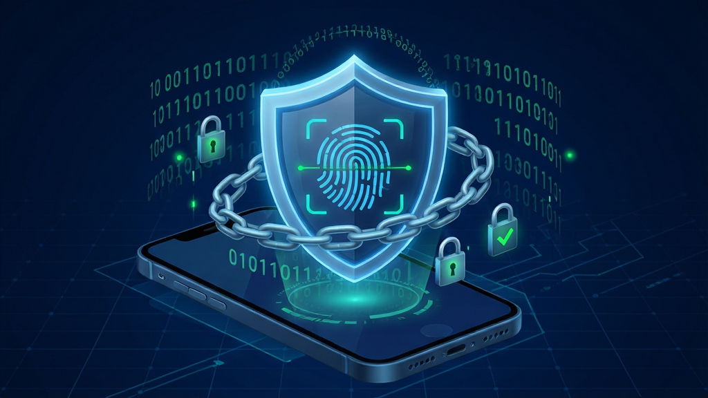 一张表现收款啦APP-商户服务软件安全防护功能的科技图。主体是一个发光的盾牌图标悬浮在手机屏幕上方,盾牌中心有指纹识别图案,周围环绕着锁链和加密代码。布局居中对称,背景为深蓝色科技网格。排版突出盾牌和手机。风格为赛博安全科技风,细节包含二进制数字流和绿色安全指示灯。画质高清,画面干净,无多余元素。