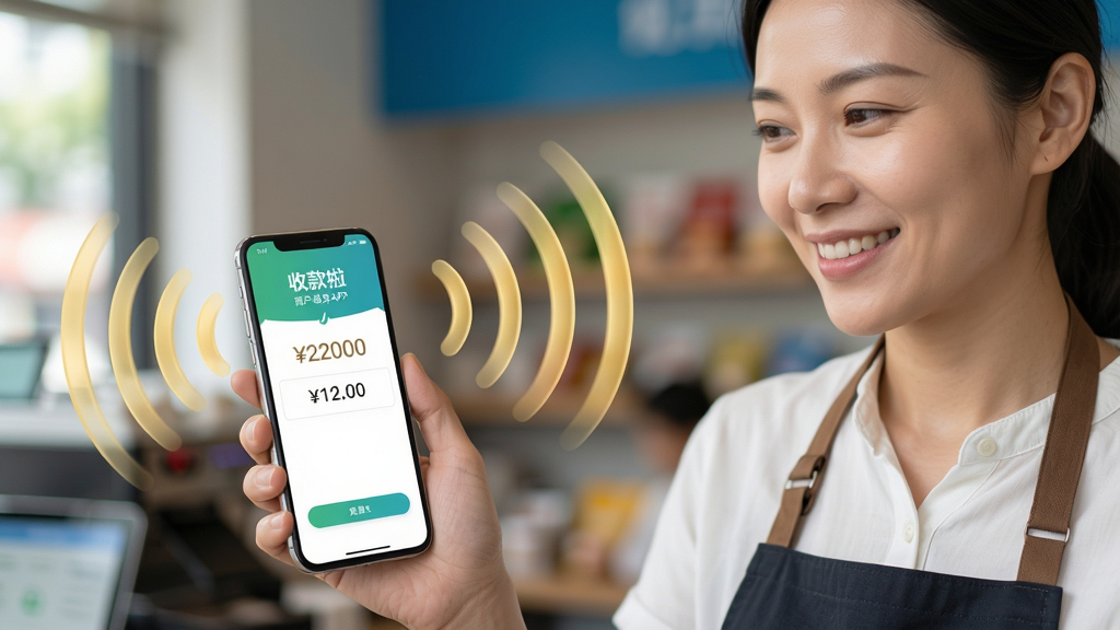 一张描绘收款啦APP-商户服务软件语音播报场景的图片。主体是一位面带微笑的商户正在查看手机,手机屏幕显示收款成功界面并向外扩散出金色的声波图标。布局为人物半身特写,背景是模糊的店铺环境。排版突出手机和声波元素。风格为写实生活摄影风,细节包含手机屏幕上的“收款啦”文字和金额数字。画质高清,画面干净,无多余元素。