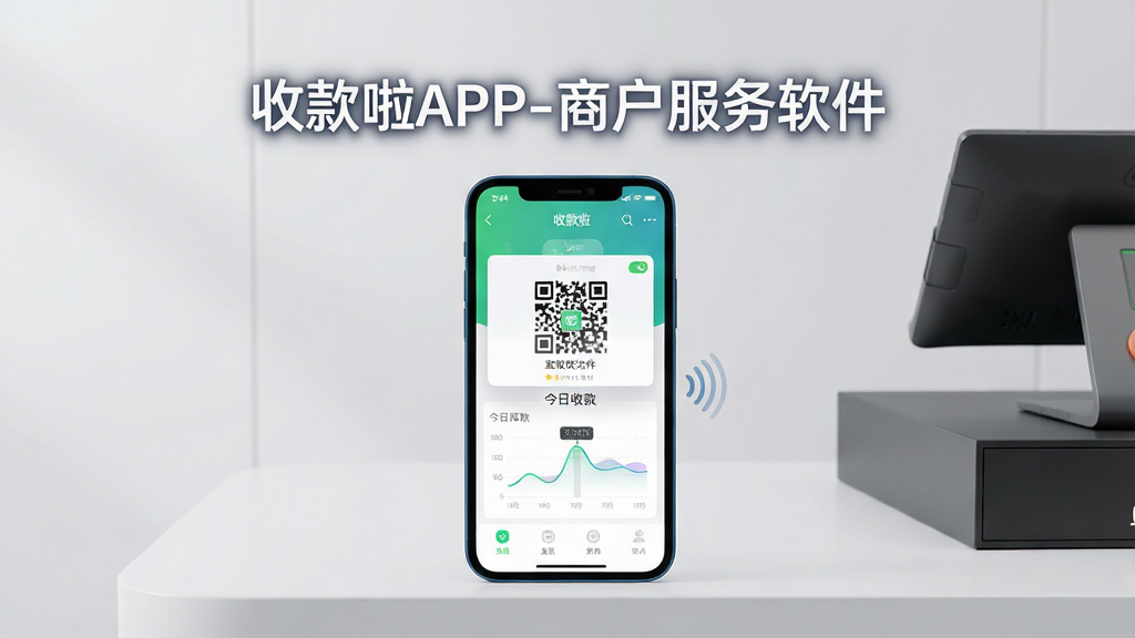 一张展示收款啦APP-商户服务软件核心界面的手机样机图。主体是一部立在现代简约收银台上的智能手机,屏幕显示收款码与今日收款统计图表。布局采用居中构图,手机屏幕高亮清晰。排版上软件名称“收款啦APP-商户服务软件”以柔和光晕形式悬浮在手机上方。风格为现代科技商务风,细节包含收款成功弹窗、语音播报波纹图标。画质高清,画面干净,无多余元素。