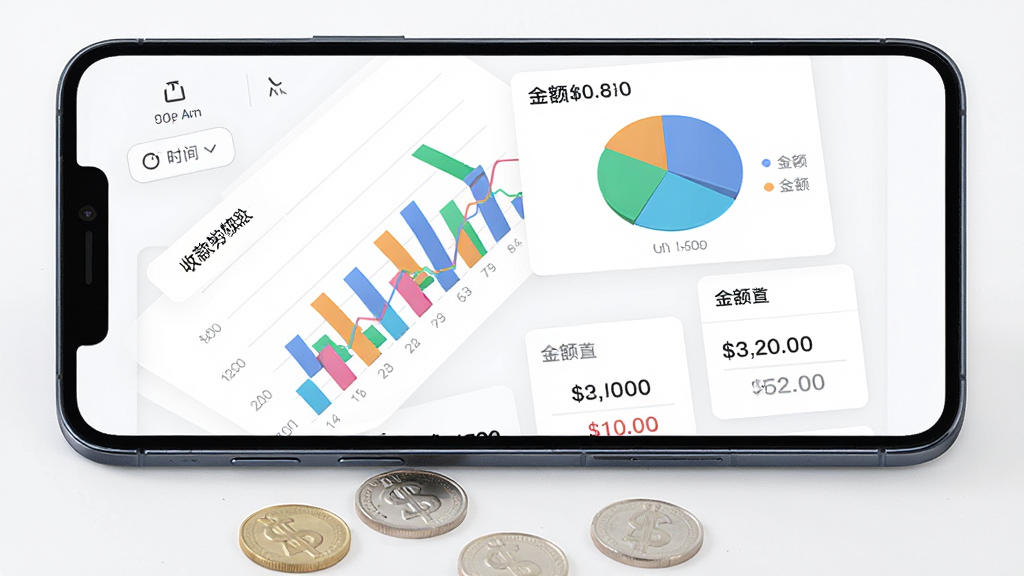 一张展示收款啦APP-商户服务软件数据报表页面的手机界面图。主体是一部横向放置的智能手机,屏幕显示彩色柱状图和饼状图,数据清晰可见。布局采用对角线构图,手机下方散落着几枚硬币。排版突出图表和数字。风格为现代简约UI设计风,细节包含时间筛选按钮和金额汇总卡片。画质高清,画面干净,无多余元素。