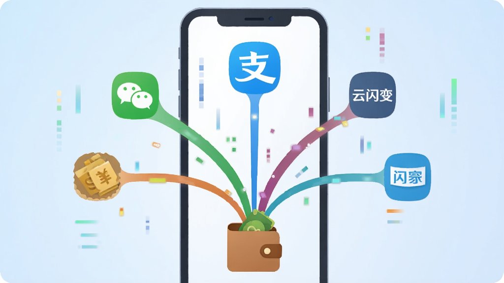一张表现收款啦APP-商户服务软件聚合收款功能的插画。主体是手机屏幕中央发出多条彩色光线连接微信、支付宝、云闪付等图标,光线汇聚到手机底部的钱包图标中。布局呈放射状,视觉焦点集中在手机屏幕。排版简洁,背景为浅蓝色渐变。风格为扁平化科技插画,细节包含清晰的支付图标和流动的数据线条。画质清晰,画面干净,无多余元素。