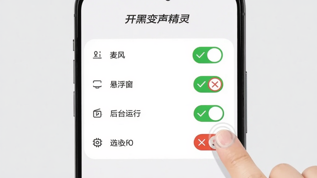 画面展示“开黑变声精灵”在手机上的权限设置界面,屏幕上列出麦克风、悬浮窗、后台运行等权限开关,旁边有手指点击操作的示意。背景为浅灰色,界面元素清晰,带有绿色对勾和红色叉号图标对比,整体风格简洁直观,画质干净。
