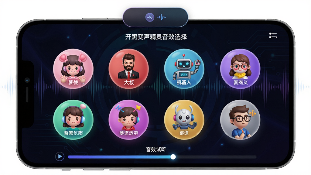 画面展示“开黑变声精灵”音效选择面板,多个彩色圆形图标整齐排列,每个图标代表不同声音角色,如萝莉、大叔、机器人等。手机屏幕上方有悬浮窗按钮,下方有音效试听进度条。背景为深色科技感渐变,点缀声波纹理,整体风格简洁现代,图标细节精致,画质干净清晰。