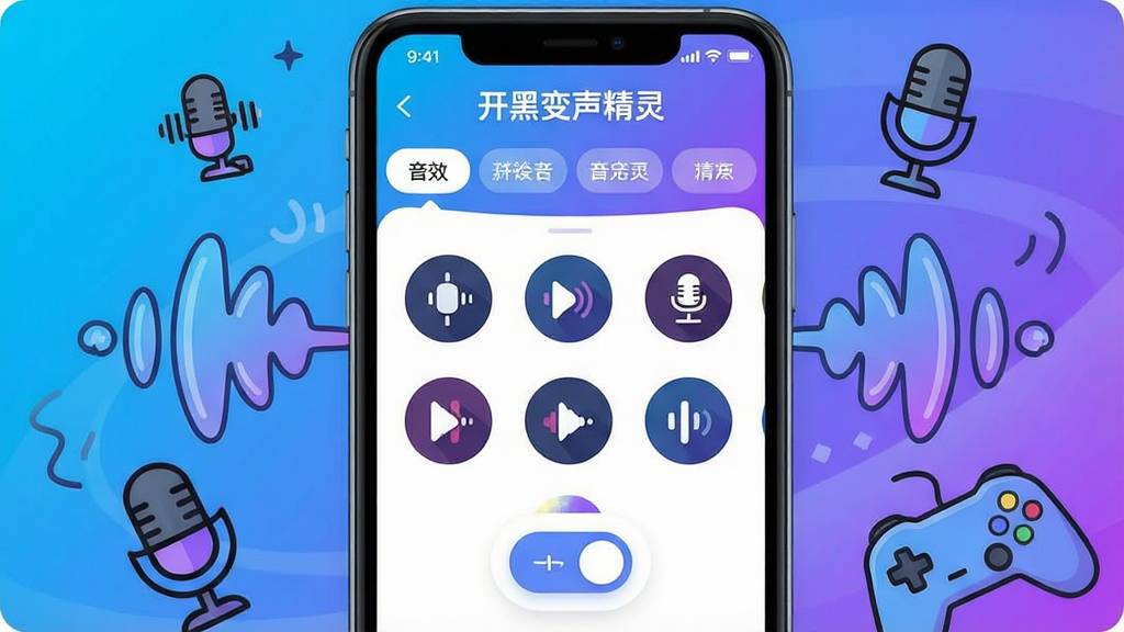 画面中央是一部智能手机,屏幕显示“开黑变声精灵”软件主界面,界面布局清晰,上方为音效分类标签,中部为多个圆形音效图标,下方为悬浮窗开关按钮。手机周围环绕着卡通风格的声音波纹、麦克风图标和游戏手柄元素,整体采用明亮活泼的蓝紫渐变配色,扁平化UI风格,细节干净利落,画质清晰无多余元素。