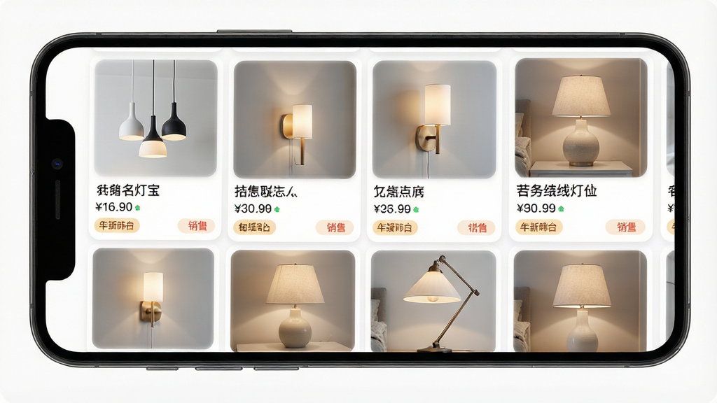一张电商类App商品列表页的界面展示图,画面主体为手机屏幕,屏幕中显示名灯宝App的灯饰商品瀑布流列表,每件商品包含缩略图、名称、价格和销量标签,商品涵盖吊灯、壁灯、台灯等类型,布局采用双列卡片式排版,风格清爽现代,细节上商品图片清晰、文字可读,画质高清,画面干净,无多余元素