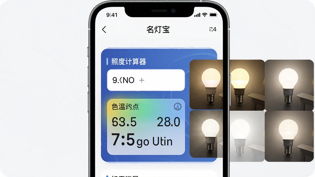 一张手机屏幕界面展示图,画面中展示名灯宝App的智能选灯工具页面,屏幕中央有一个照度计算器的输入框和结果展示区域,旁边有不同色温的灯泡发光效果对比图,整体布局为上下结构,风格科技感与实用性结合,细节上数值清晰、色块分明,画质高清,画面干净,无多余元素