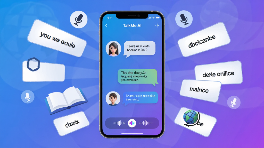 一幅展示TalkMe AI语言学习软件核心界面的横版宣传图。画面主体是一部智能手机,屏幕中显示TalkMe应用的对话练习界面,包含AI虚拟对话角色头像、语音波形图标和英语对话气泡。手机周围环绕漂浮的英语单词卡片、麦克风图标、地球仪等学习元素。布局采用中心构图,手机居中放置,四周元素呈放射状环绕。风格为现代科技感扁平插画风,蓝紫渐变色系为主色调。细节上注意对话气泡中文字清晰,界面元素排列整齐,整体画面干净无多余装饰。画质超清,2K分辨率,无杂乱元素。