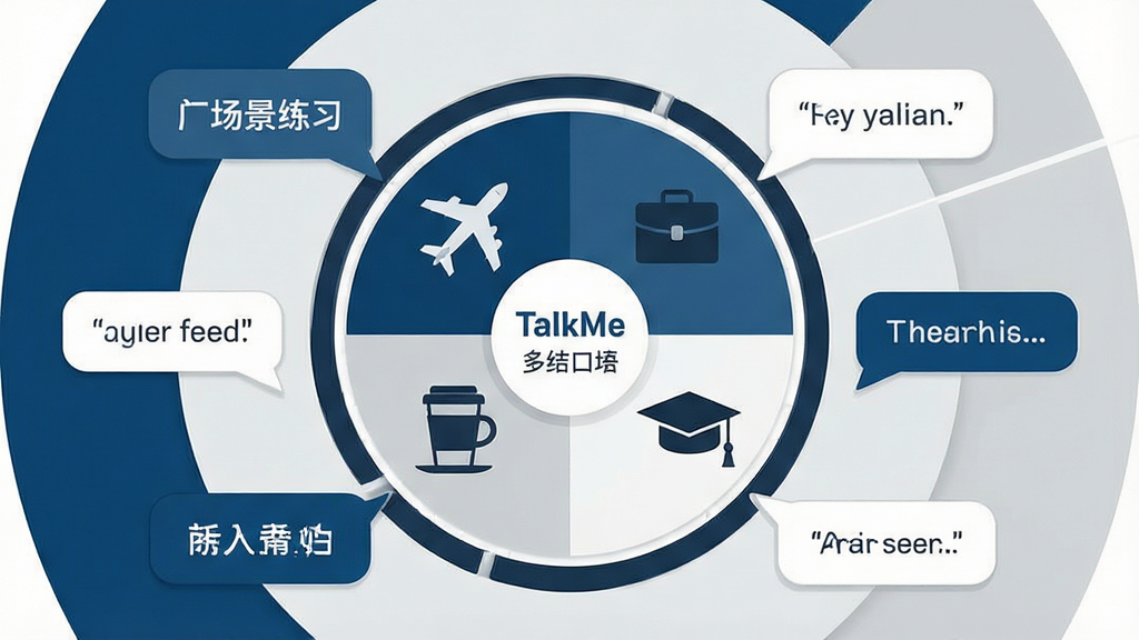 一张展示TalkMe多场景口语练习功能的宣传图。画面中央是一个圆形场景切换盘,盘面上分布着飞机、公文包、咖啡杯、毕业帽等代表不同场景的图标。周围环绕着英语对话气泡和场景名称标签。布局采用圆形辐射构图,场景盘居中。风格为简约商务插画风,配色以深蓝、浅灰和白色为主。细节注意每个场景图标清晰可辨,对话气泡中有简短英文短句。画质清晰,画面干净利落,无多余装饰。