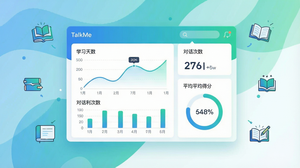 一张展示TalkMe学习进度追踪功能的数据面板截图风格插画。画面主体是一块悬浮的数据面板,面板上有折线图、柱状图和环形进度条等数据可视化元素,旁边标注着学习天数、对话次数、平均得分等数据标签。布局为居中展示数据面板,四周有少量学习图标点缀。风格为现代简约数据可视化风格,配色以蓝绿渐变和白色为主。细节注意图表线条流畅清晰,数据标签文字可读。画质高清,画面干净专业,无杂乱元素。