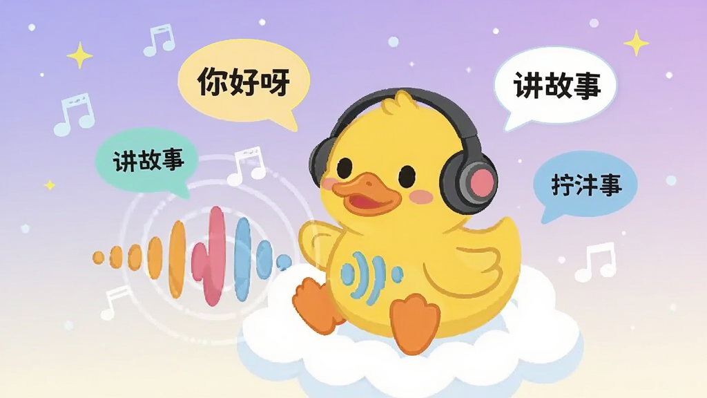 一只戴着耳机的小黄鸭卡通形象坐在云朵上,面前漂浮着彩色的声波符号和对话气泡,气泡里写着“你好呀”“讲故事”等简单词语,背景是渐变的淡紫色星空,风格温馨可爱,扁平矢量插画,画面干净无杂乱元素,高清画质