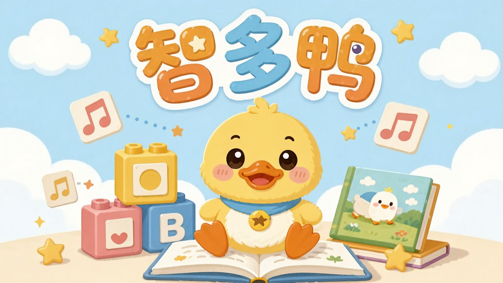 一只可爱的黄色卡通小鸭子吉祥物坐在彩色积木和绘本中间,周围环绕着音符、字母卡片和小星星,背景是柔和的浅蓝色天空与白云,画面中央上方有“智多鸭”三个圆润可爱的艺术字,整体风格清新童趣,扁平化插画风,色彩明亮柔和,细节干净整洁,无多余元素,高清画质
