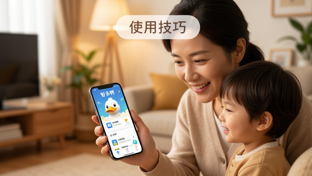 一部智能手机屏幕上显示“智多鸭”应用界面,旁边有一位家长和一位小朋友一起看着手机微笑,背景是温馨的客厅环境,画面中有“使用技巧”四个柔和字体的标签,风格温暖写实插画,色彩柔和,细节干净,无多余元素,高清画质