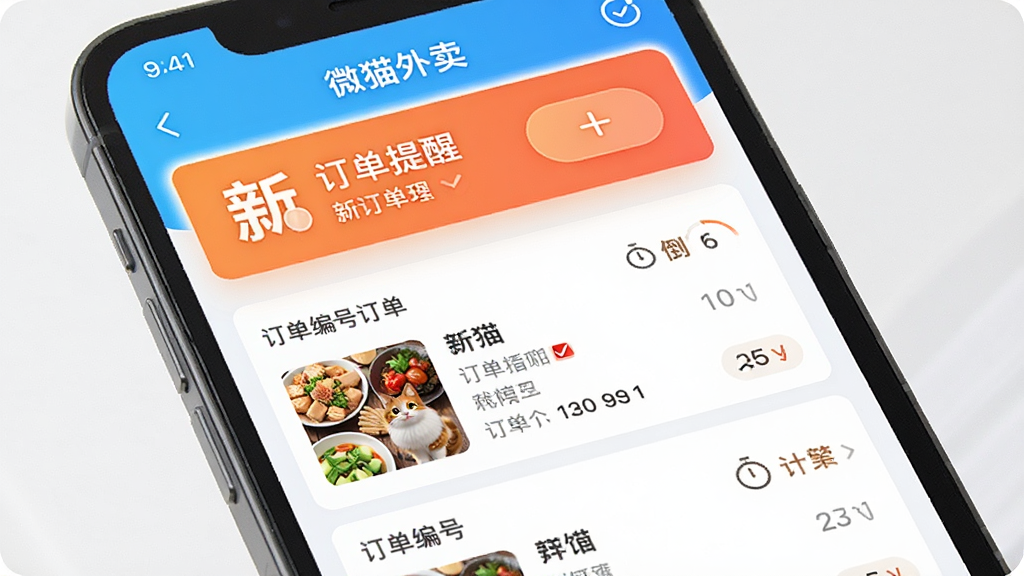 微猫外卖商家版订单提醒界面,主体为手机屏幕特写,布局为纵向排列的订单卡片,排版突出新订单提醒横幅与接单按钮,风格为明亮清爽的移动端设计,细节包括订单编号、菜品明细、倒计时标识,画质清晰,干净,无多余元素