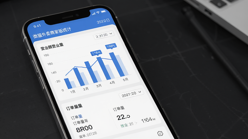 微猫外卖商家版数据统计页面,主体为手机屏幕中的柱状图与数据面板,布局为上下分层展示营业额与订单量,排版整齐,风格为简约商务风,细节包括折线图、数字标签、日期筛选栏,画质高清,干净,无多余元素