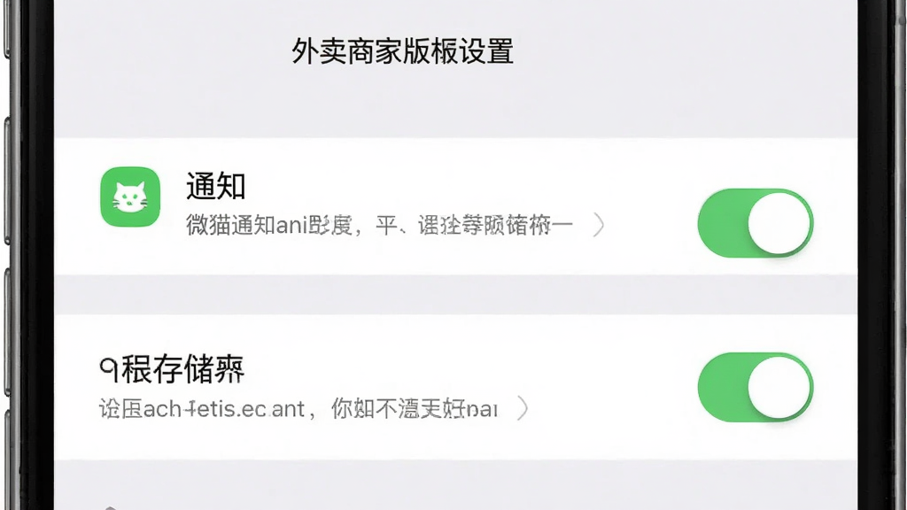 微猫外卖商家版安装设置界面,主体为手机屏幕中的权限管理页面,布局为纵向列表展示通知与存储权限开关,排版清晰,风格为系统设置界面风格,细节包括权限图标、开关按钮、提示文字,画质高清,干净,无多余元素