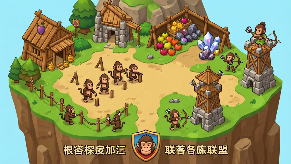 主体是一座建在悬崖边的猿族部落,布局采用俯视全景构图,部落中有多个木制与石制建筑,排版在画面底部显示部落名称与联盟徽章,风格为等距视角卡通风格,细节包括训练场中有猿猴在操练、仓库堆满果实与矿石、防御塔上有弓箭手,画质高清、干净、无多余元素