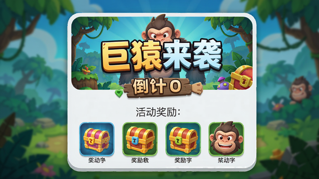 主体是游戏活动界面展示,布局采用居中卡片式构图,卡片上写着“巨猿来袭”字样,排版在卡片下方列出活动奖励图标,风格为明亮活泼的UI风格,细节包括倒计时、奖励宝箱、猿猴头像,画质高清、干净、无多余元素