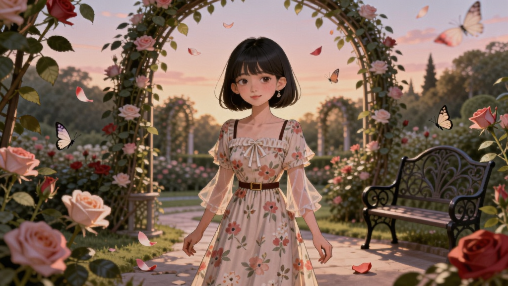 画面中央是一位身穿碎花连衣裙的少女站在花园小径上,四周环绕着盛开的玫瑰与藤蔓拱门,背景是柔和的黄昏天空,整体采用温暖的粉紫色调,风格为精致的手绘插画风,细节包括花瓣飘落、蝴蝶飞舞、远处有欧式铁艺长椅,画质清晰干净,无多余元素,画面中不出现任何文字