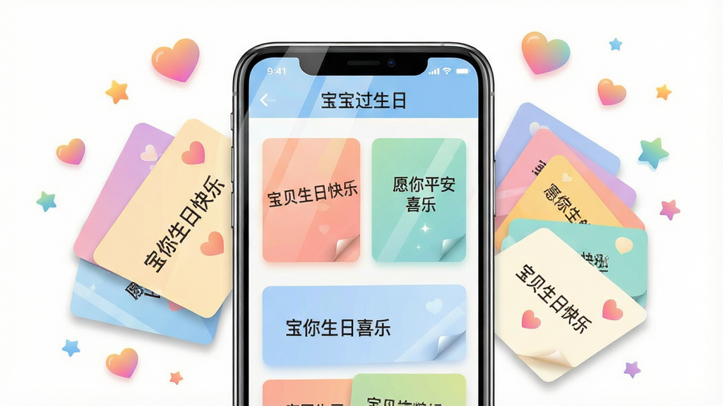 一部智能手机屏幕特写,屏幕上显示“宝宝过生日”软件界面,界面中排列着多张祝福语卡片,卡片上写着“宝贝生日快乐”“愿你平安喜乐”等字样,手机周围漂浮着爱心和星星图标,布局为手机居中,卡片呈扇形展开,风格为现代扁平化UI插画,色彩明亮柔和,细节包括手机边框反光、卡片阴影、图标渐变,画质高清,干净,无多余元素