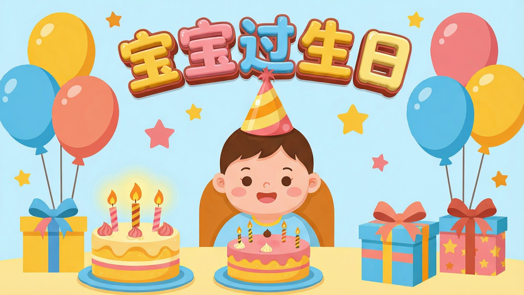 一张温馨的卡通风格插图,主体是一位戴着生日帽的可爱宝宝坐在摆满蛋糕和礼物的桌前,周围环绕着彩色气球和星星装饰,布局采用中心对称构图,宝宝位于画面正中央,蛋糕和礼物分布两侧,顶部有“宝宝过生日”立体艺术字,整体风格为扁平化儿童插画风,色彩以暖黄、粉红、天蓝为主,细节包括蜡烛光晕、奶油花纹、蝴蝶结丝带,画质高清,干净,无多余元素